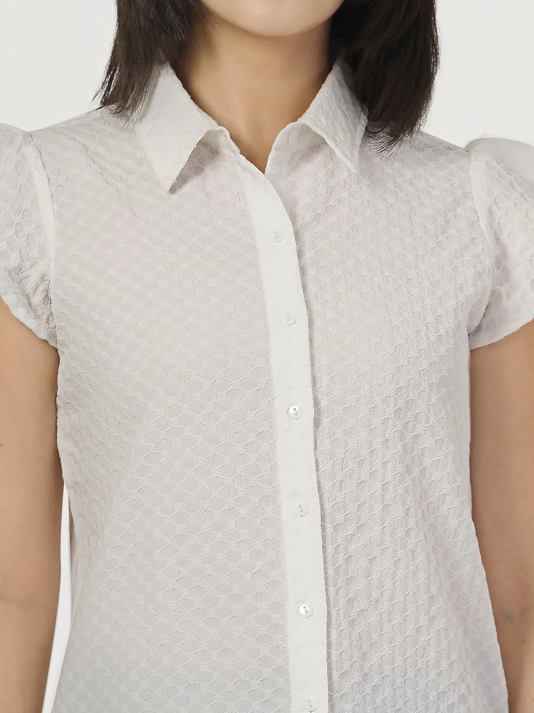 Style Quotient Women White Solid Texture Polyester Cap Sleeve Formal Shirt