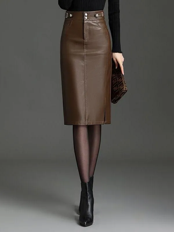 Stylish High-waisted Side Slit PU Leather Pencil Skirt