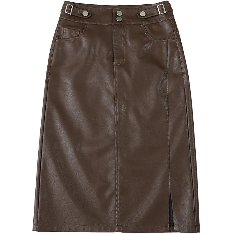 Stylish High-waisted Side Slit PU Leather Pencil Skirt