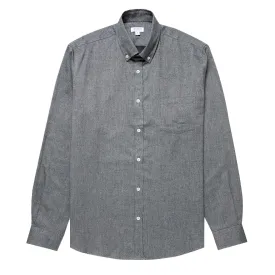 Sunspel Brushed Cotton Flannel Shirt Mid Grey Melange