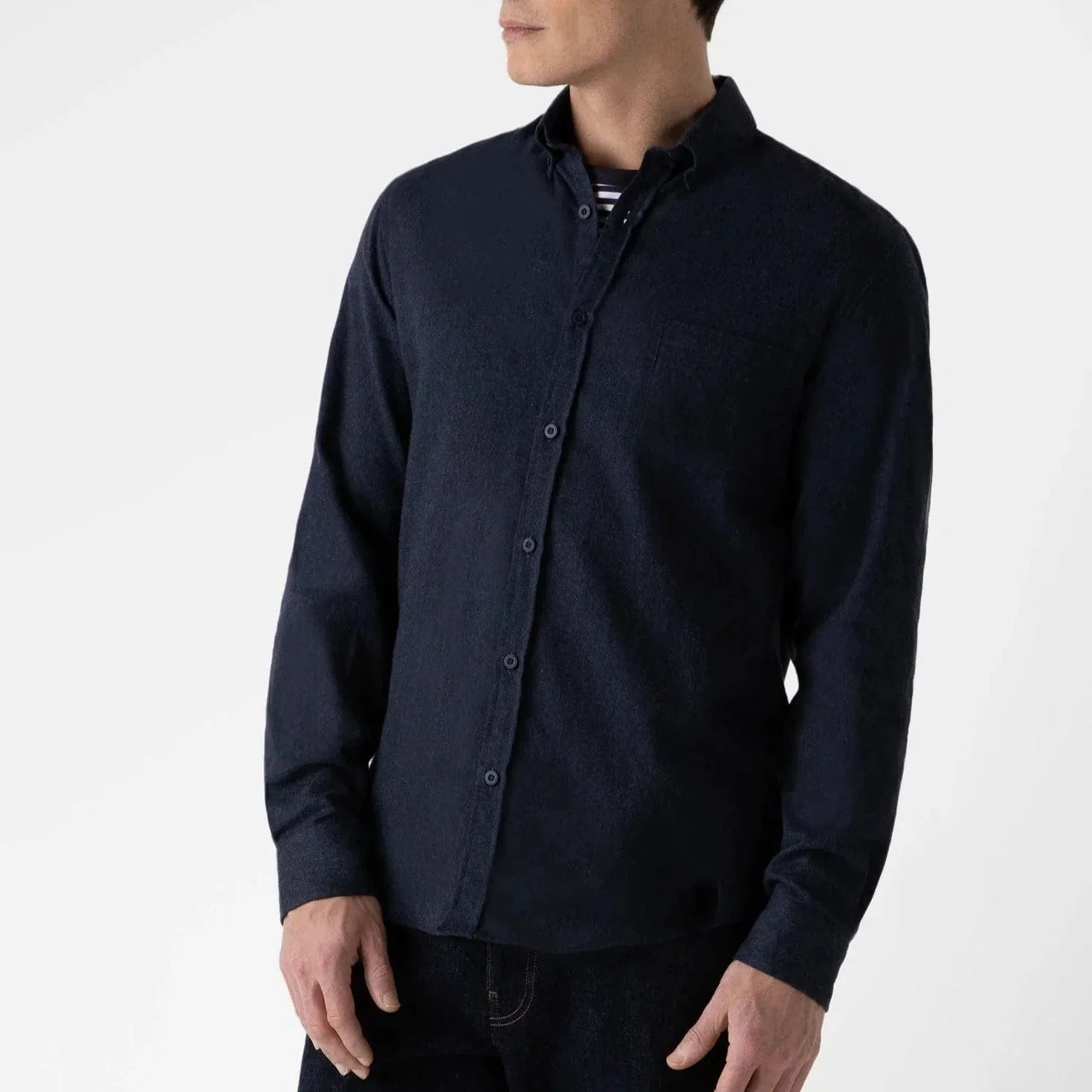 Sunspel Button Down Flannel Shirt in Navy Melange