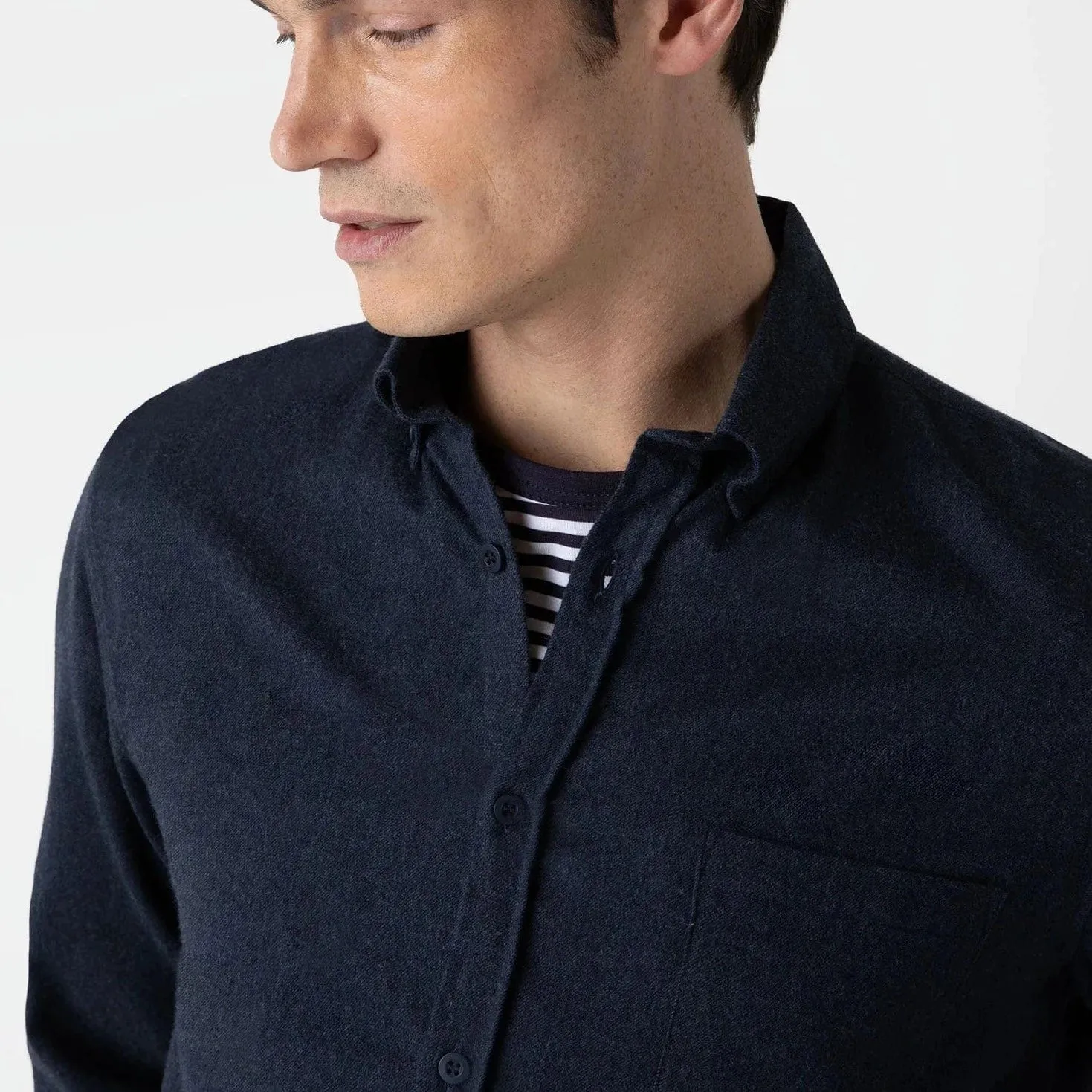 Sunspel Button Down Flannel Shirt in Navy Melange