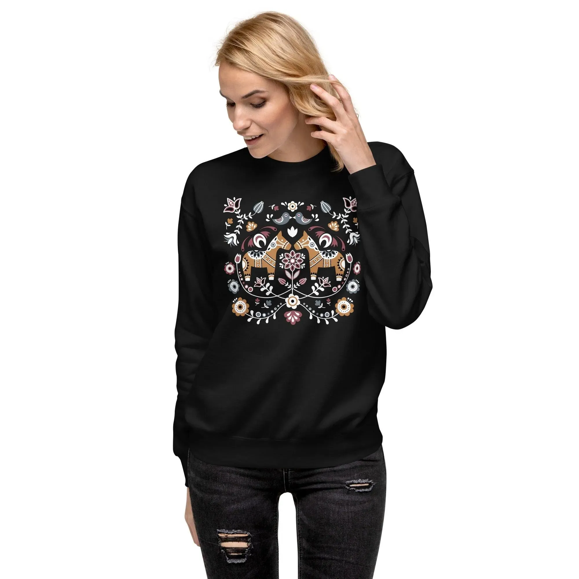 Swedish Dala Horse Fleece Sweatshirt - Dark