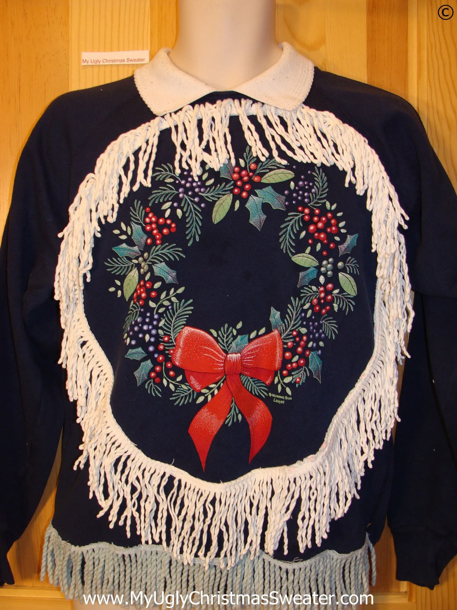 Tacky Christmas Sweatshirt Huge Wreath Drippy Fringe