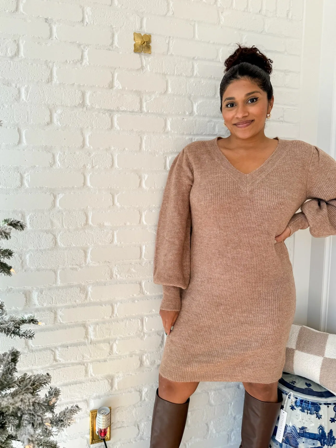 Tan Puff Sleeve Sweater Dress