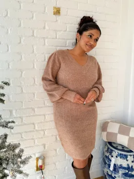 Tan Puff Sleeve Sweater Dress