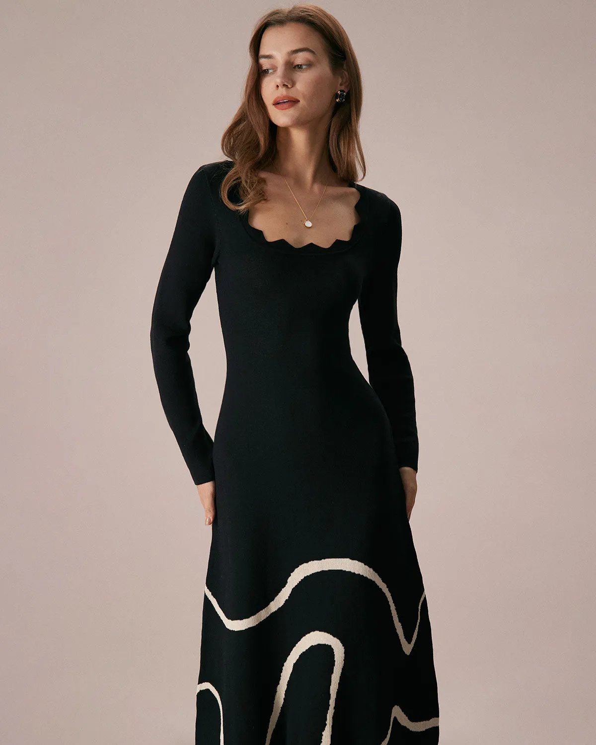 The Black Wave Scalloped Sweater Midi Dress