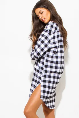 THE MYSTYLEMODE WHITE AND BLACK POCKETED FLANNEL TUNIC DRESS