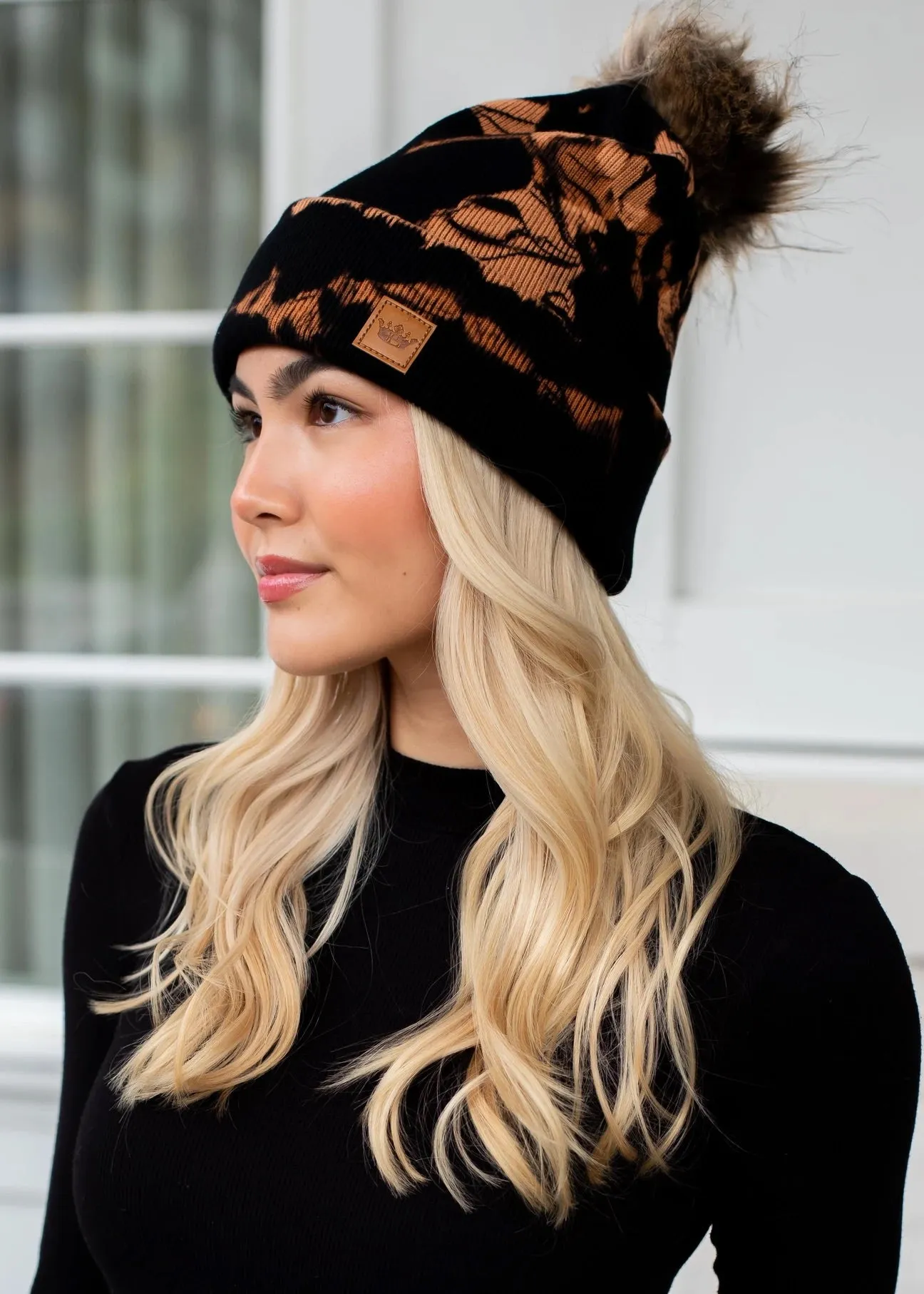 Tie Dye Knit Hat with Faux Fur Pom