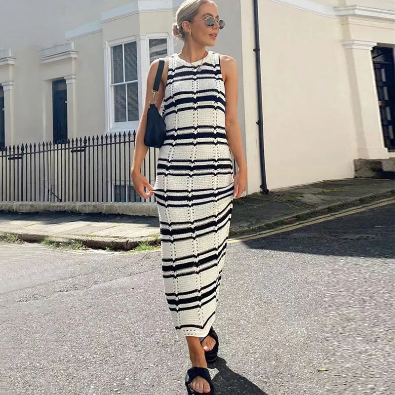 Trendy Black Striped Crew Neck Sleeveless Crochet Pointelle Knit Midi Dress