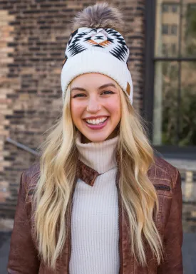 Tribal Pattern Knit Hat with Faux Fur Pom