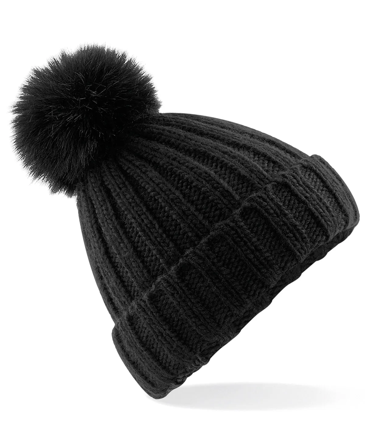 Verbier fur pop pom chunky beanie | Black