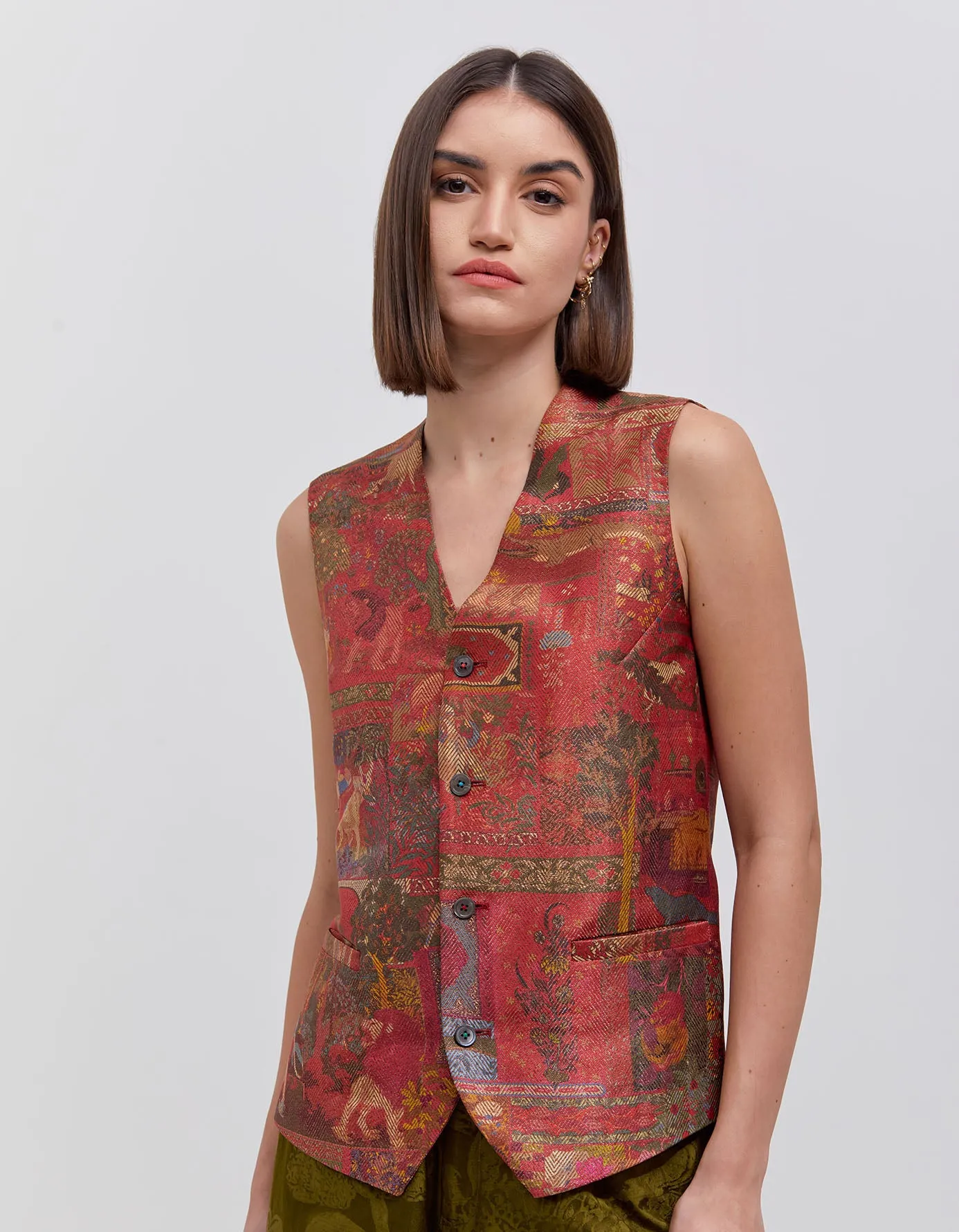 Vest Silk Brocade Zig Zag Crimson Panchatantra