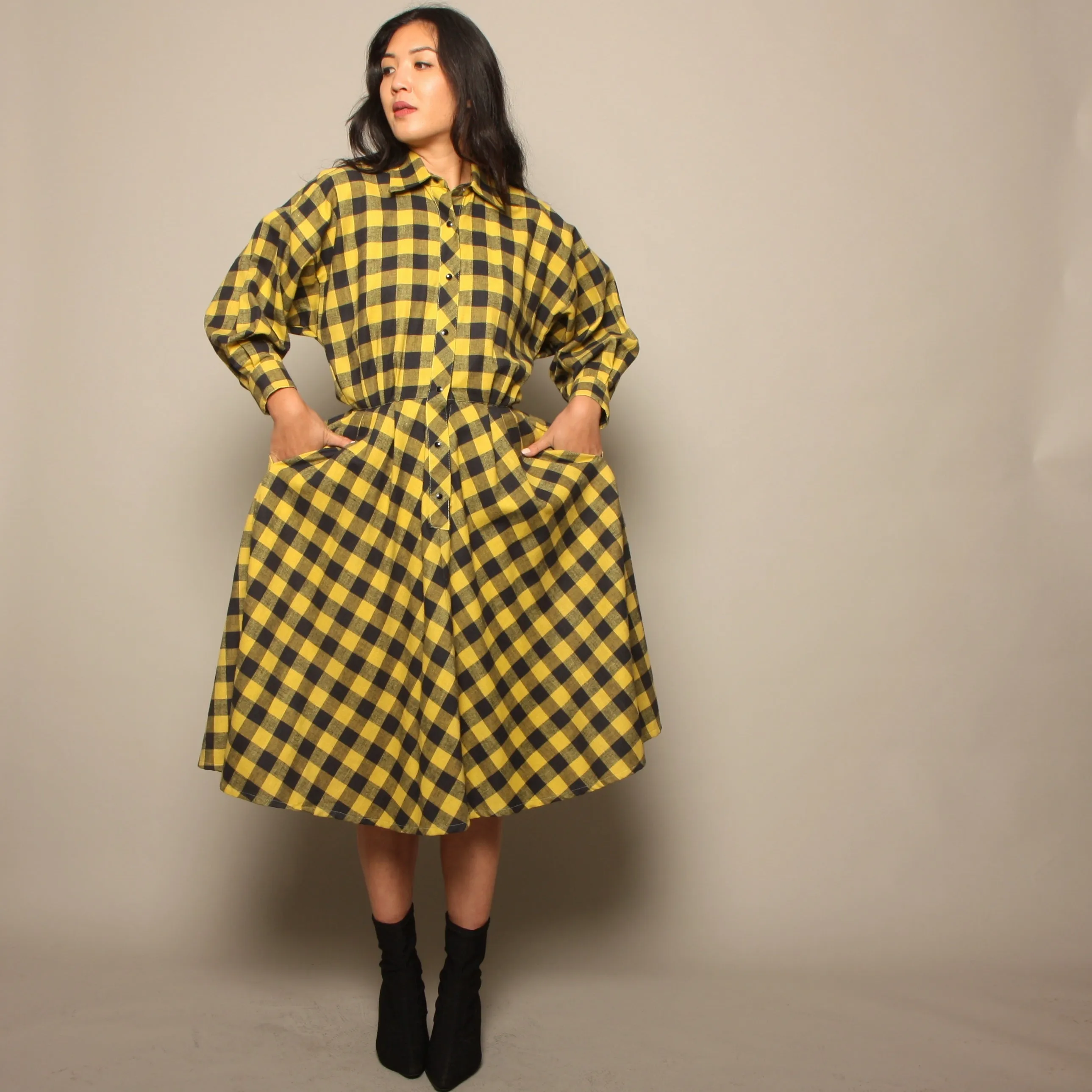 Vintage 80's Norma Kamali Mustard Plaid Flannel Shirt Dress