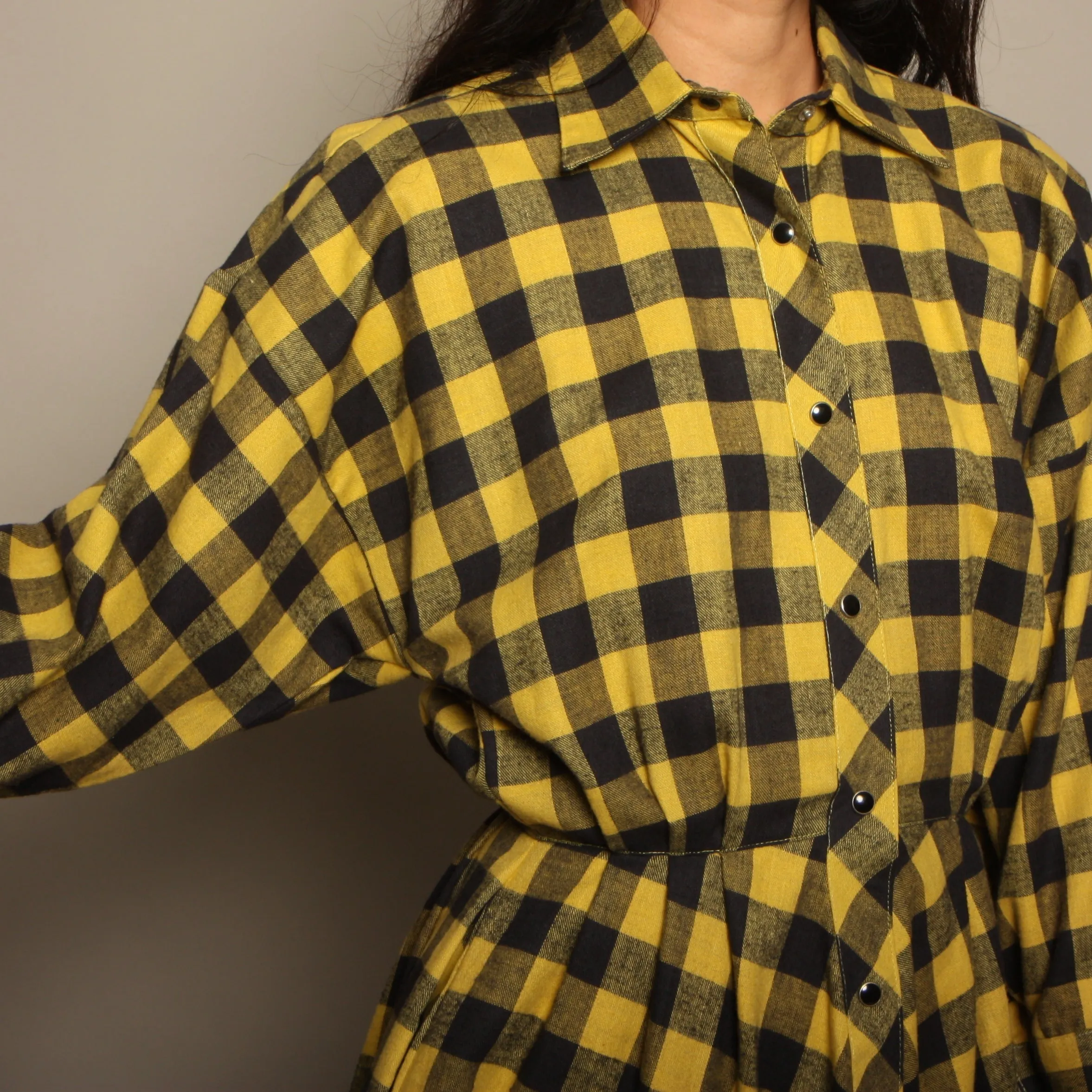 Vintage 80's Norma Kamali Mustard Plaid Flannel Shirt Dress