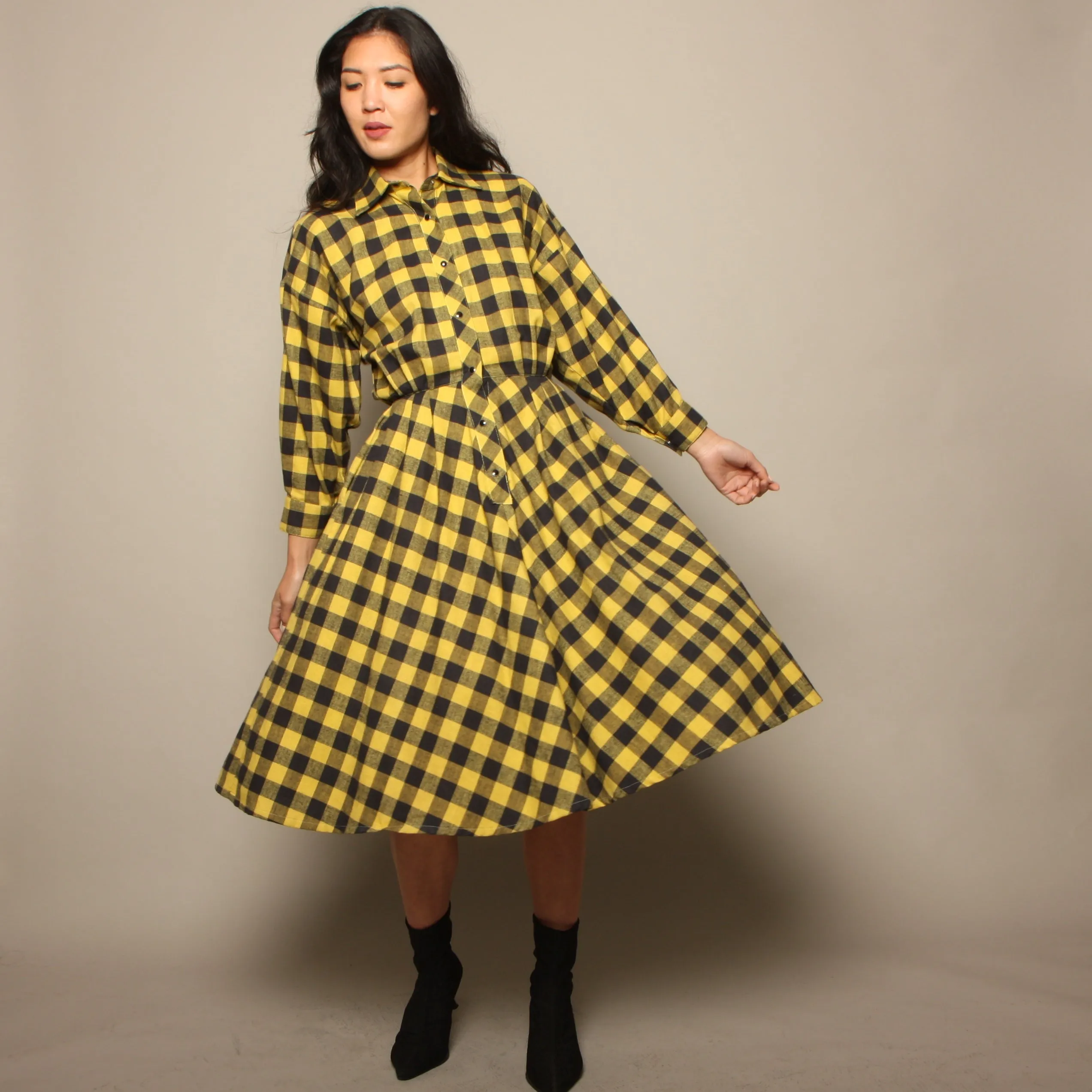 Vintage 80's Norma Kamali Mustard Plaid Flannel Shirt Dress