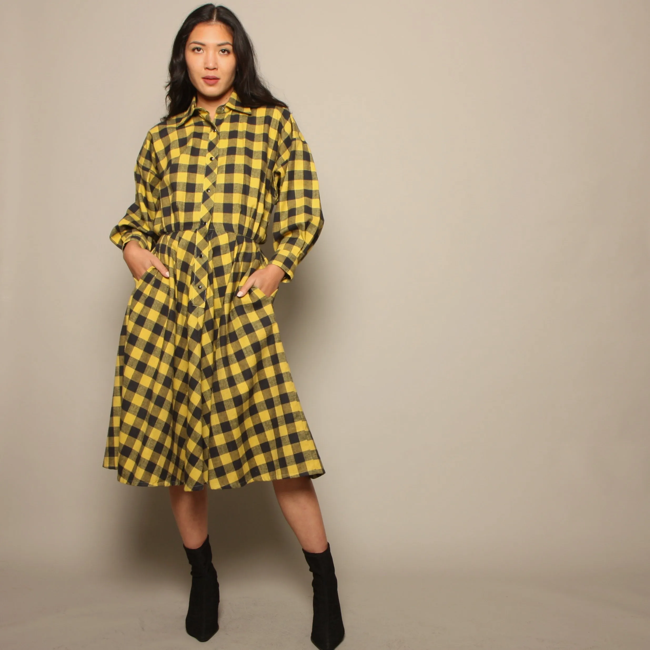 Vintage 80's Norma Kamali Mustard Plaid Flannel Shirt Dress