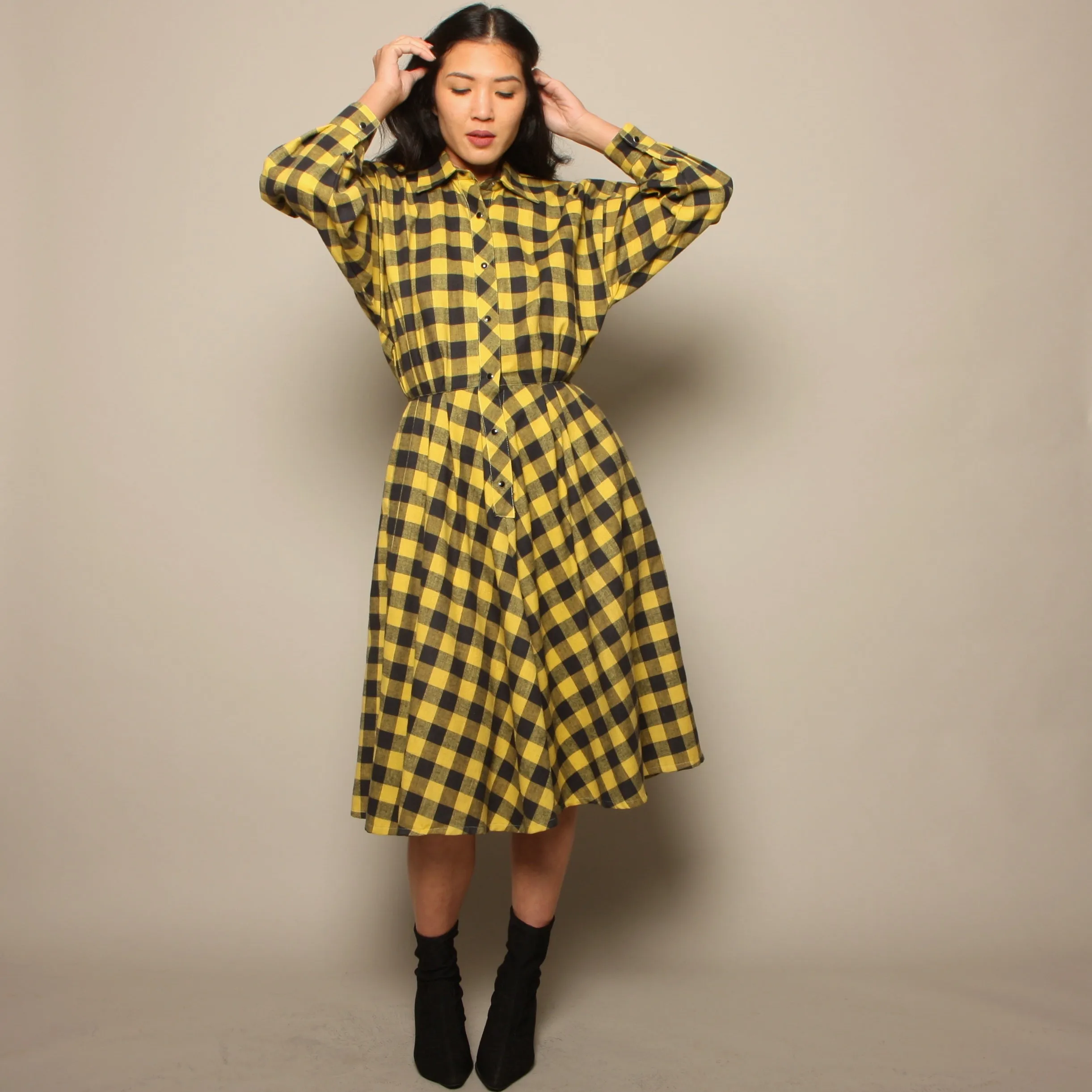 Vintage 80's Norma Kamali Mustard Plaid Flannel Shirt Dress