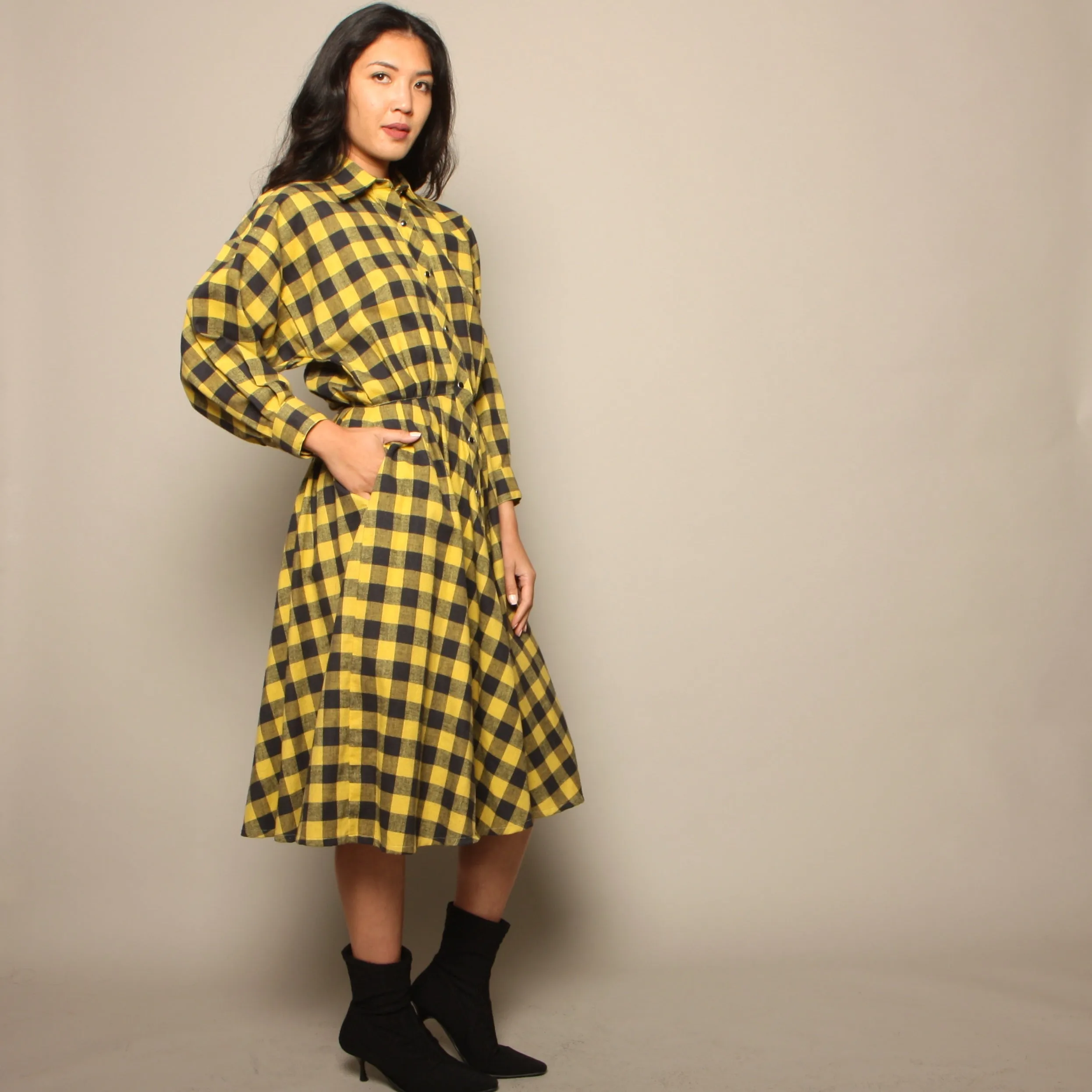 Vintage 80's Norma Kamali Mustard Plaid Flannel Shirt Dress