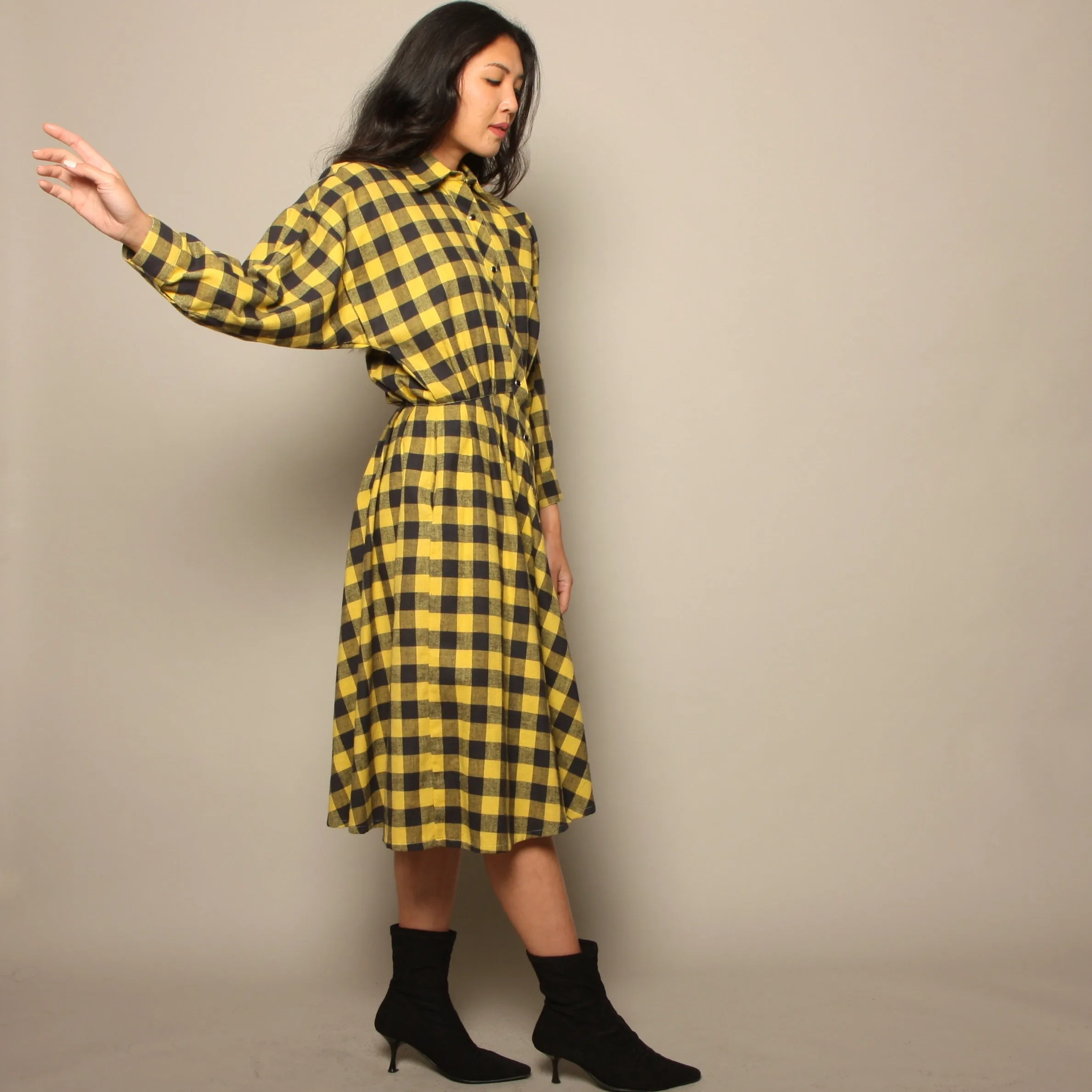 Vintage 80's Norma Kamali Mustard Plaid Flannel Shirt Dress