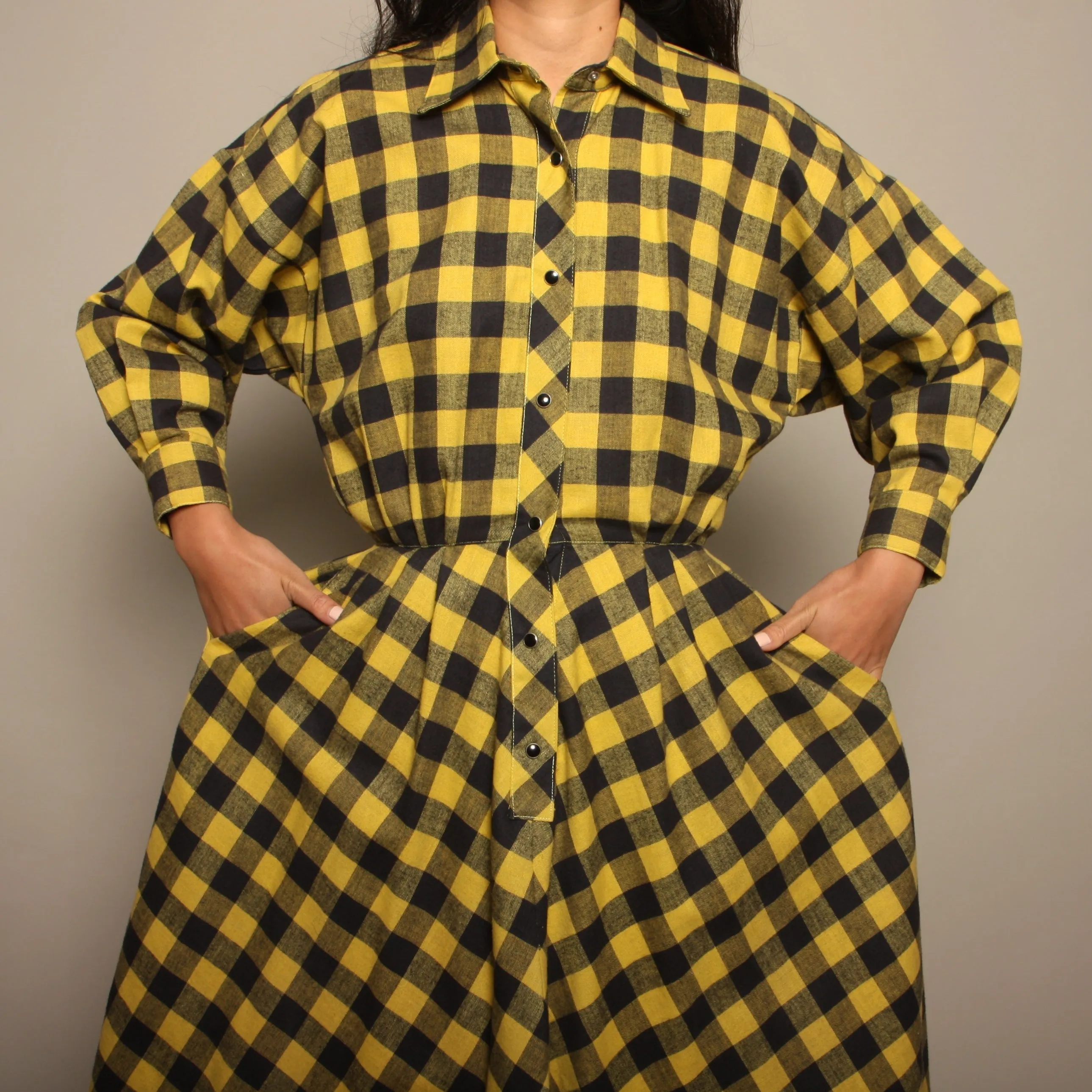 Vintage 80's Norma Kamali Mustard Plaid Flannel Shirt Dress