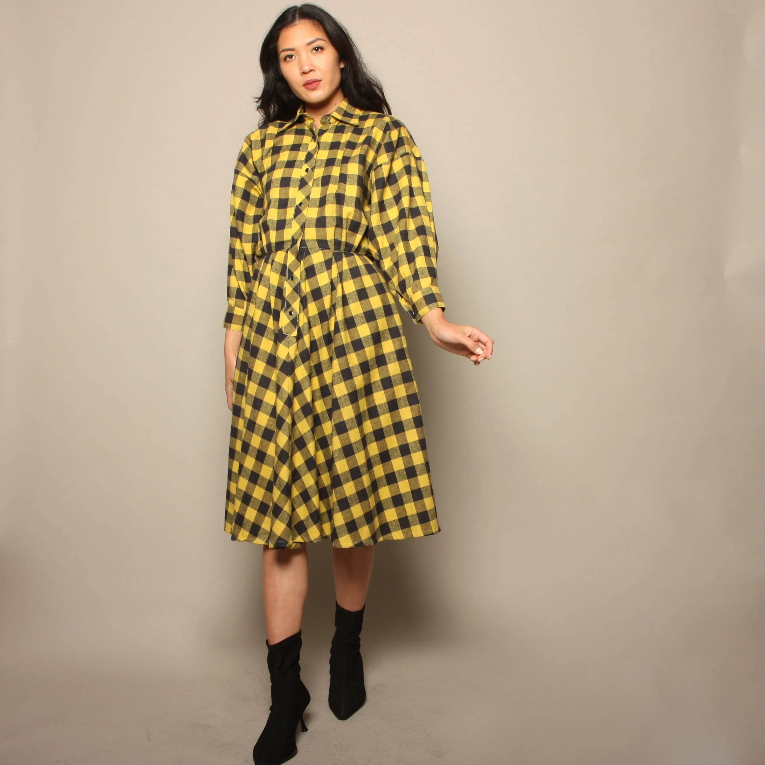 Vintage 80's Norma Kamali Mustard Plaid Flannel Shirt Dress