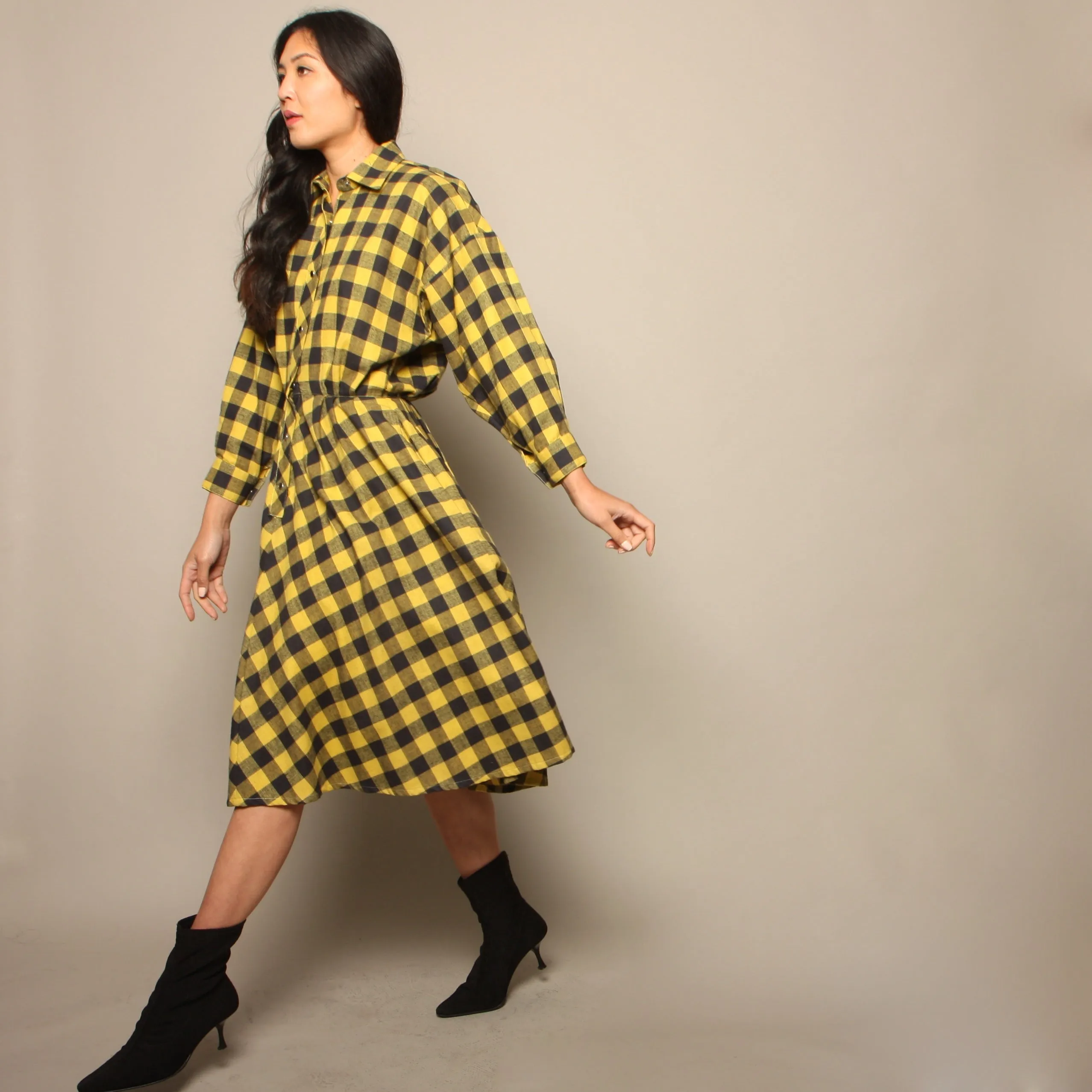 Vintage 80's Norma Kamali Mustard Plaid Flannel Shirt Dress