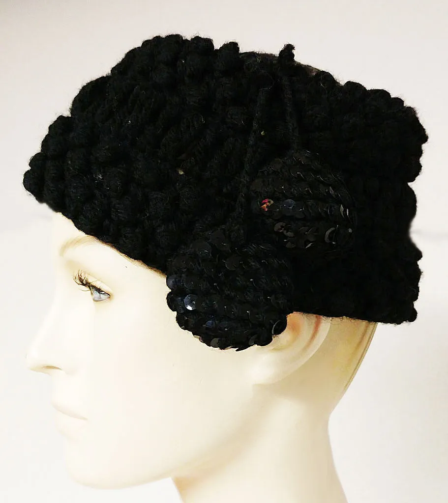 VINTAGE WOOL KNIT HAT WITH SPARKLING SEQUIN CROWN & POM POM TASSELS