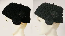 VINTAGE WOOL KNIT HAT WITH SPARKLING SEQUIN CROWN & POM POM TASSELS