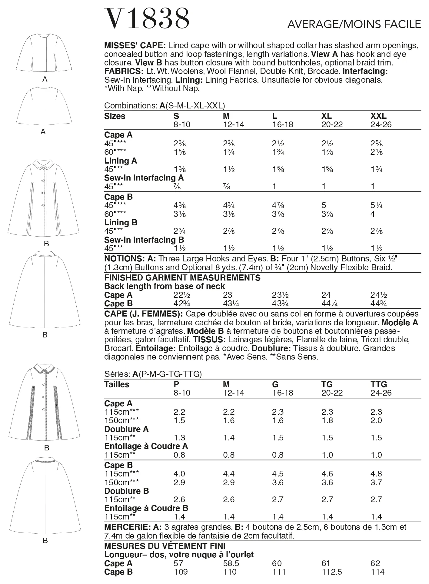 Vogue 1838 60s Style Cape Pattern