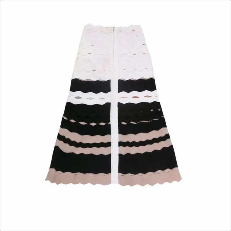 Winnal Bandage Color-Block Ruched Wave Hollow Cut Out Flared Pencil Skirt