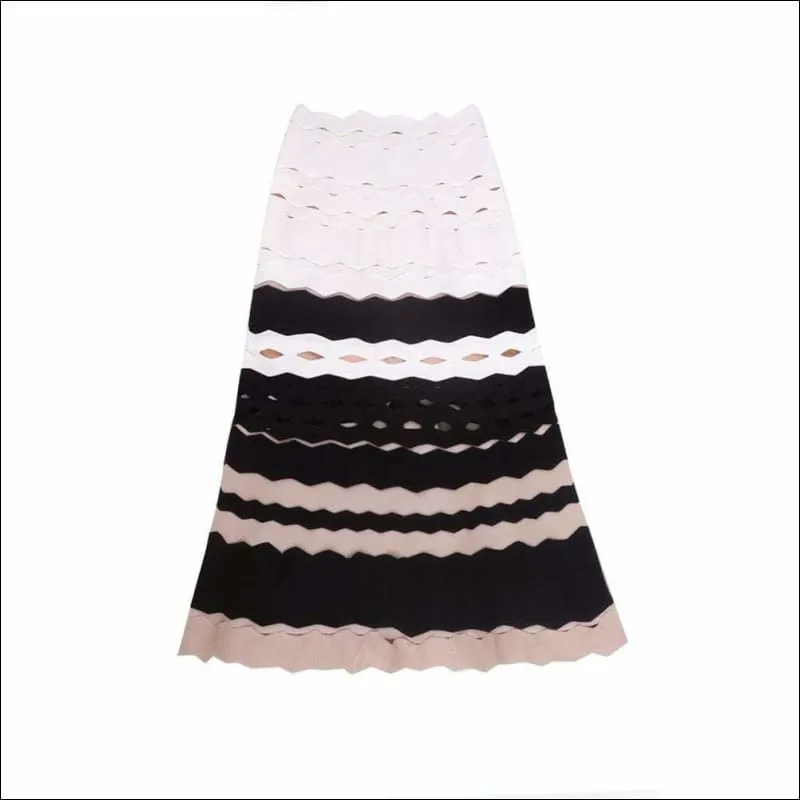 Winnal Bandage Color-Block Ruched Wave Hollow Cut Out Flared Pencil Skirt