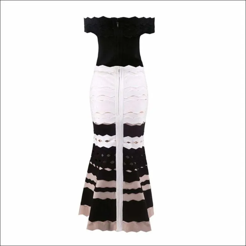 Winnal Bandage Color-Block Ruched Wave Hollow Cut Out Flared Pencil Skirt