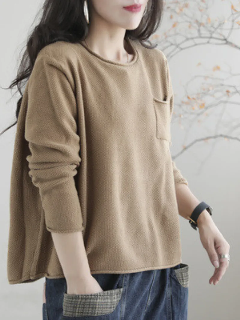 Women Knitted Small Pocket Solid Color Casual Loose Retro Sweater Top