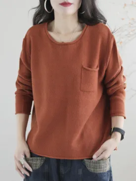 Women Knitted Small Pocket Solid Color Casual Loose Retro Sweater Top