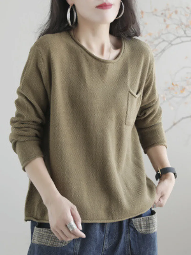 Women Knitted Small Pocket Solid Color Casual Loose Retro Sweater Top