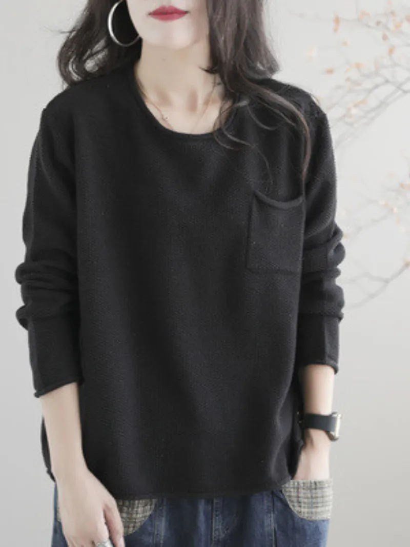 Women Knitted Small Pocket Solid Color Casual Loose Retro Sweater Top