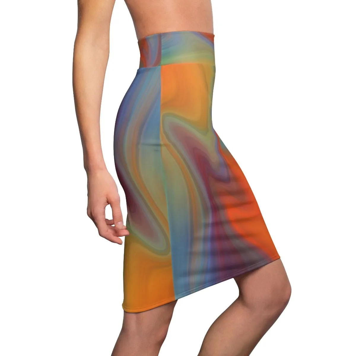 Womens Pencil Skirt - High Waist Stretch - Autumn Orange Swirl