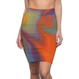 Womens Pencil Skirt - High Waist Stretch - Autumn Orange Swirl