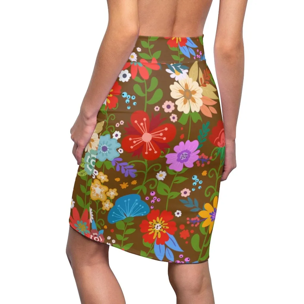 Womens Pencil Skirt - High Waist Stretch - Multicolor Floral Print - Brown