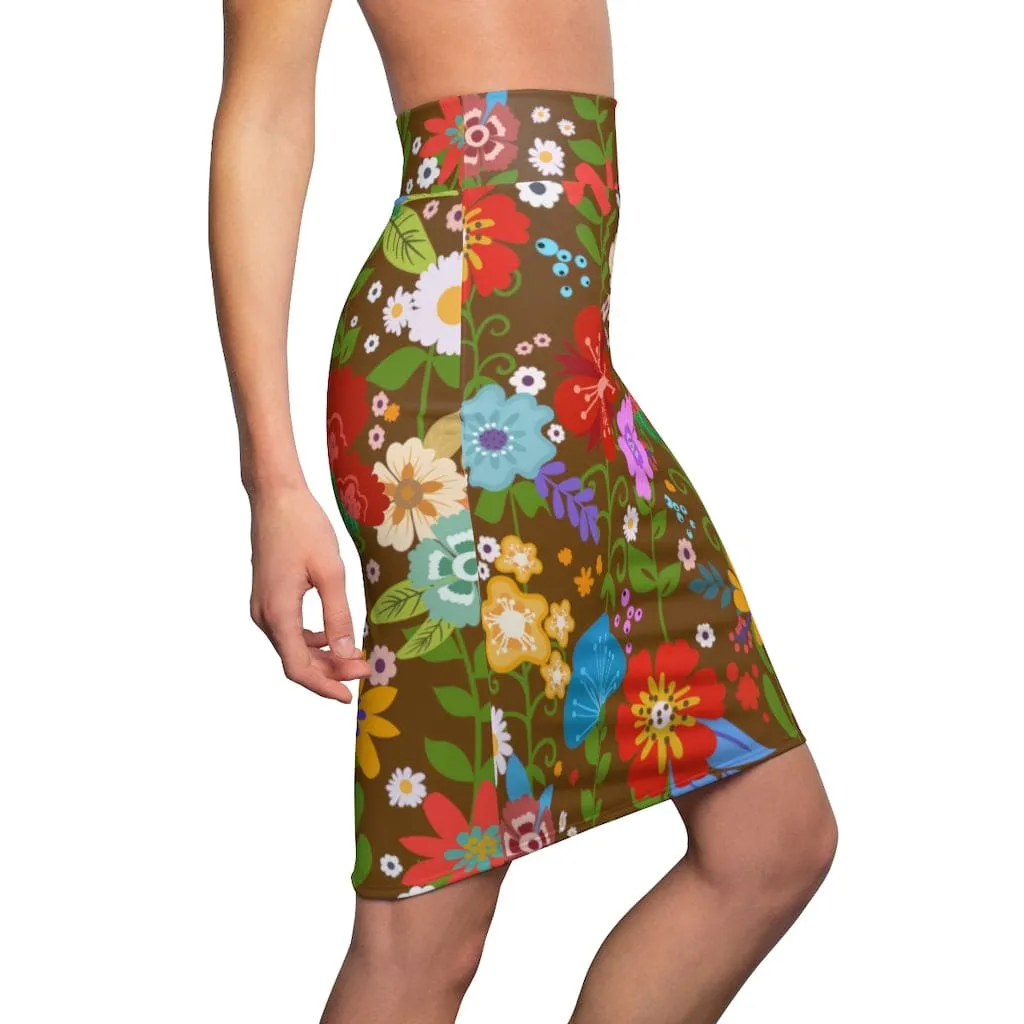 Womens Pencil Skirt - High Waist Stretch - Multicolor Floral Print - Brown