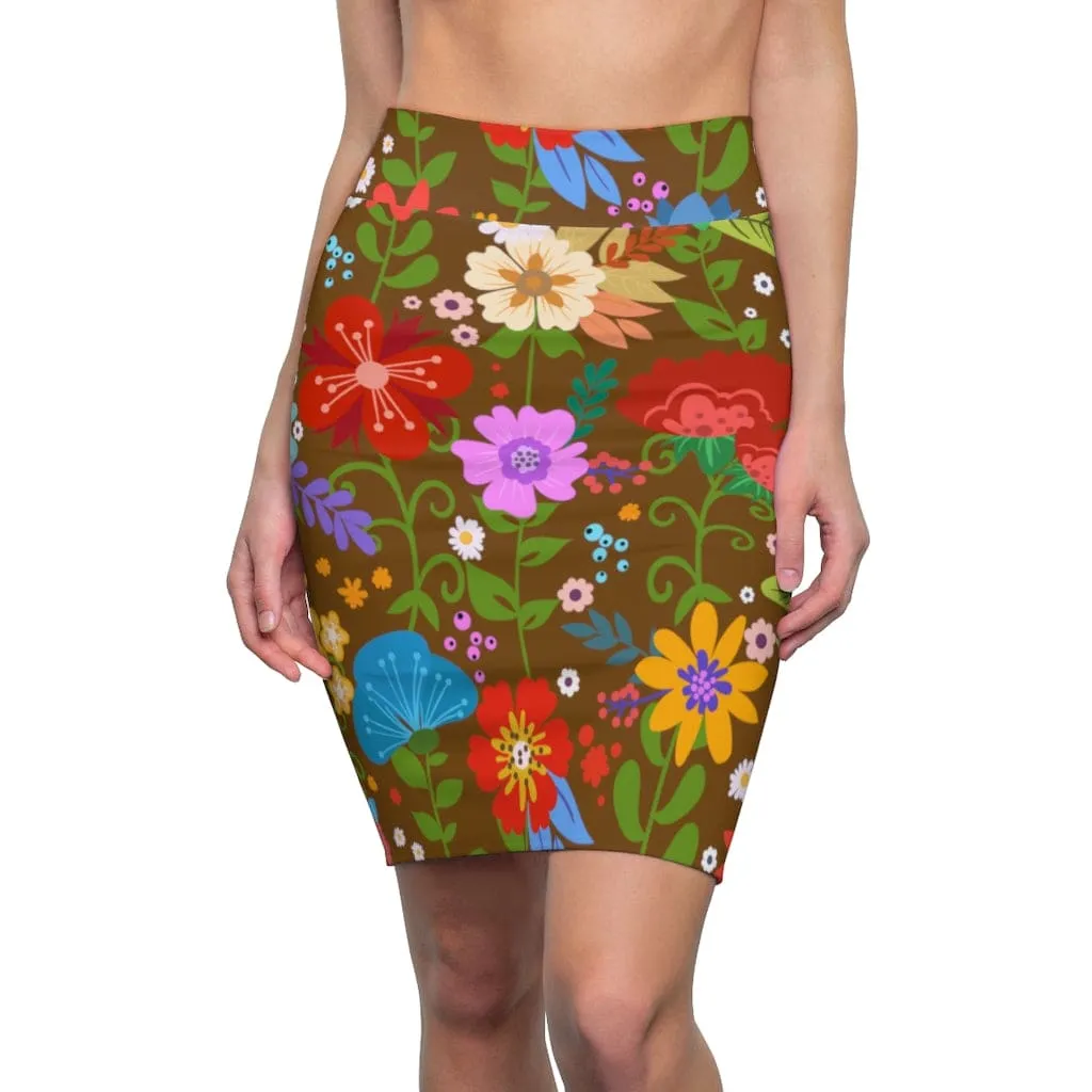 Womens Pencil Skirt - High Waist Stretch - Multicolor Floral Print - Brown