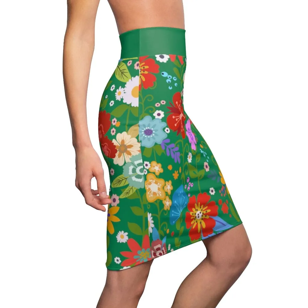 Womens Pencil Skirt - High Waist Stretch - Multicolor Floral Print - Green