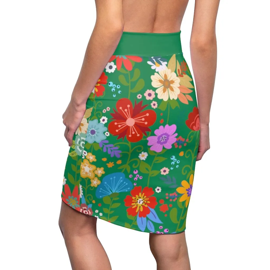 Womens Pencil Skirt - High Waist Stretch - Multicolor Floral Print - Green