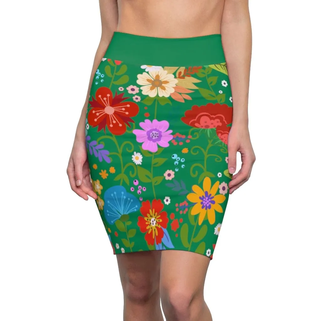 Womens Pencil Skirt - High Waist Stretch - Multicolor Floral Print - Green