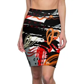 Womens Pencil Skirt - High Waist Stretch - Trio Black/red White