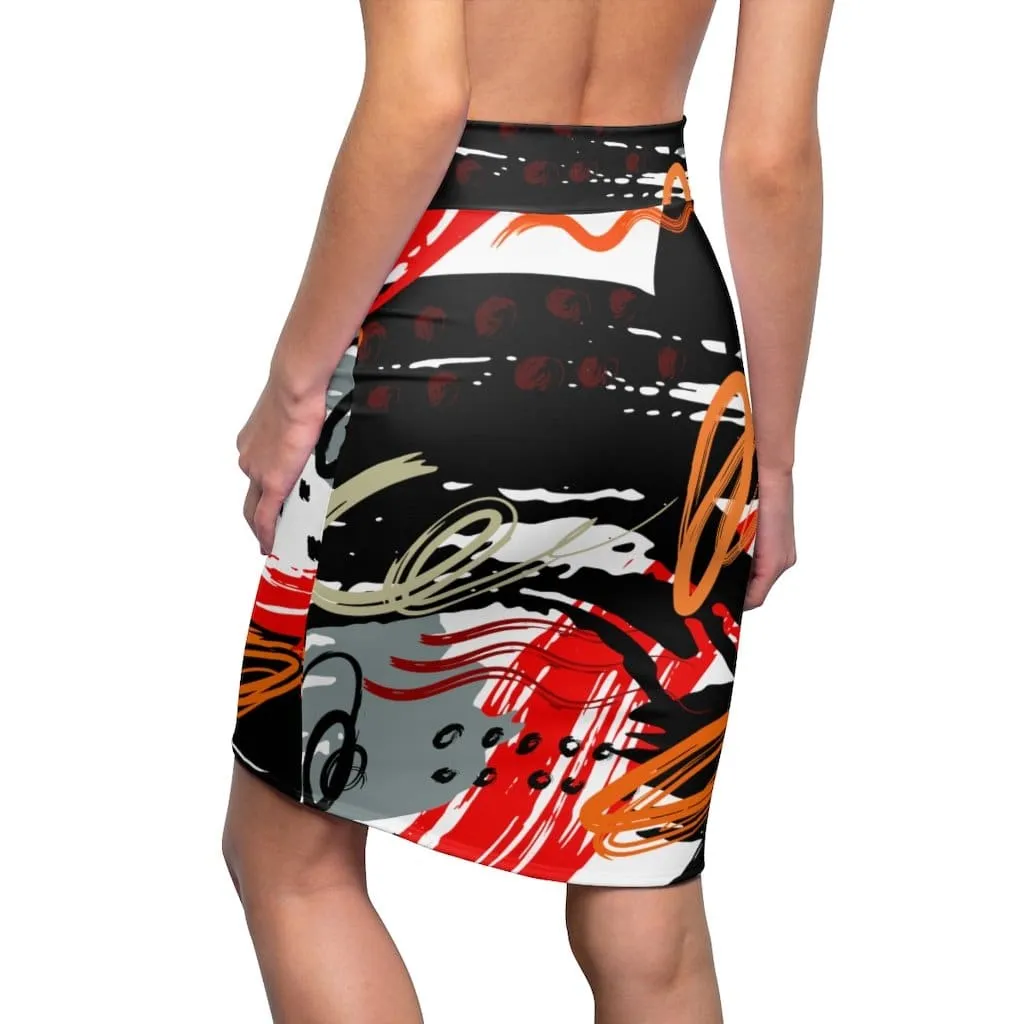 Womens Pencil Skirt - High Waist Stretch - Trio Black/red White