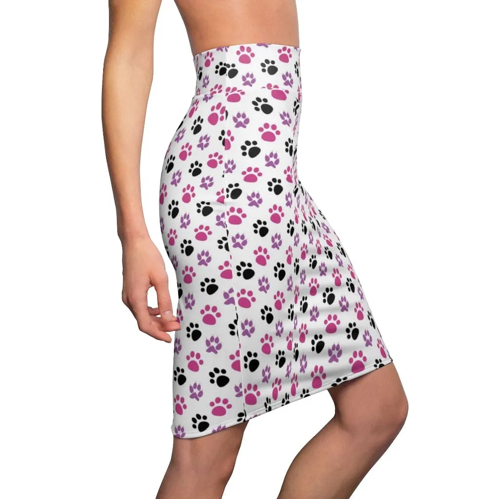 Womens Pencil Skirt - Pink and Black Paws Stretch Mini - S804809