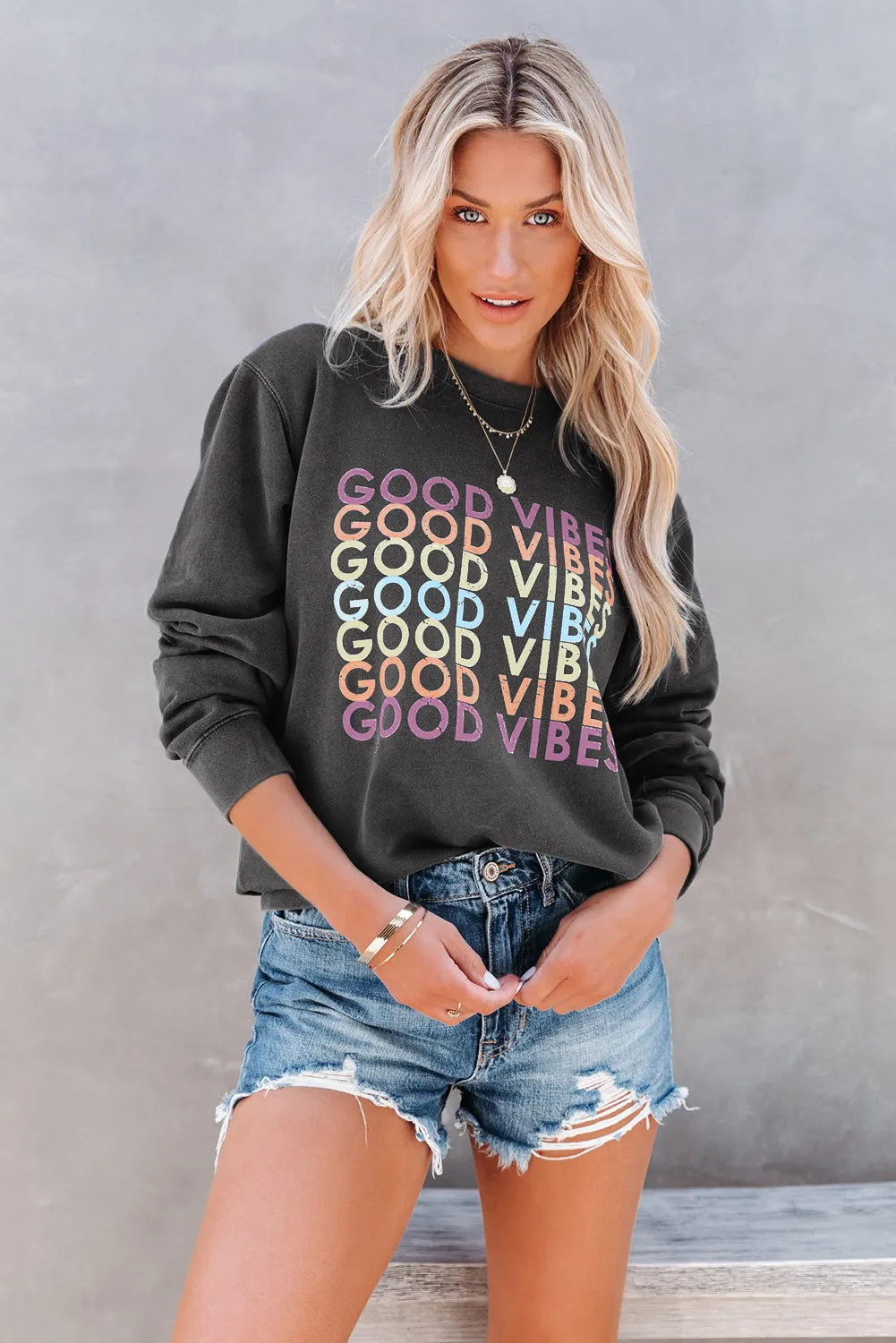 Women's Round Neck Tops GOOD VIBES Letter Print Ombre Sweatshirt