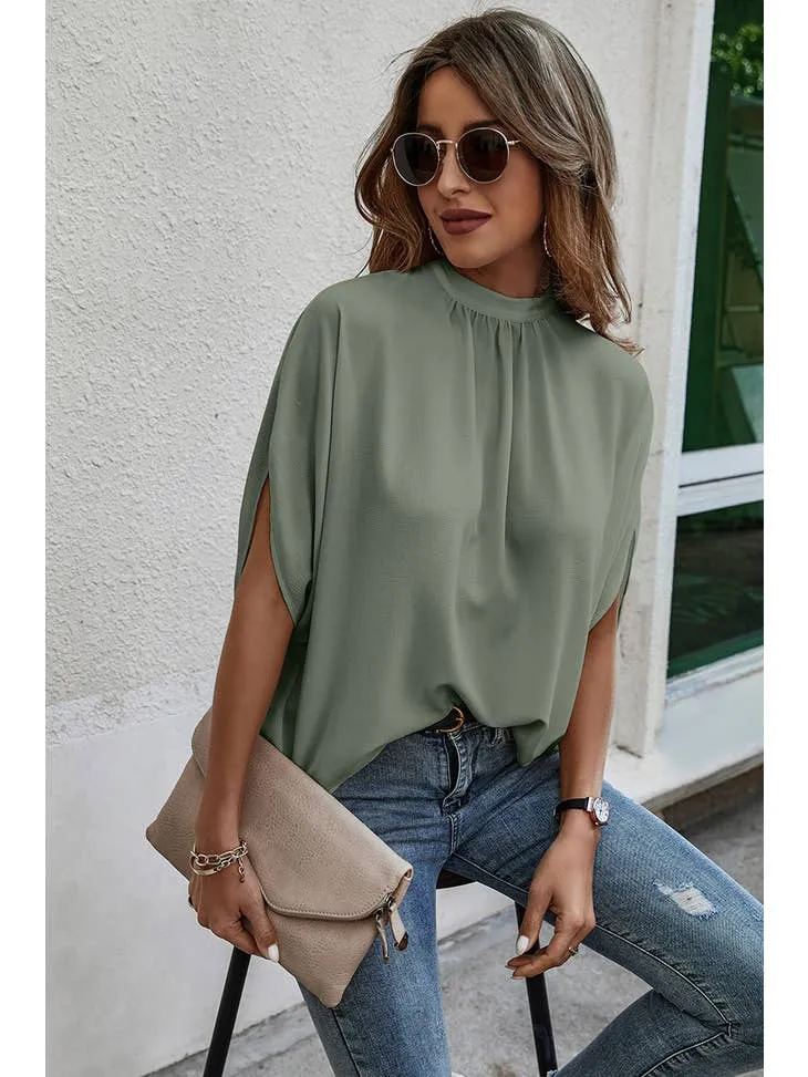 Women's Solid Cape Short Sleeve Loose Top / SAGE